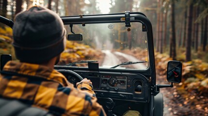 Wall Mural - Back passenger view photo of a man driving an off-road car in the forest