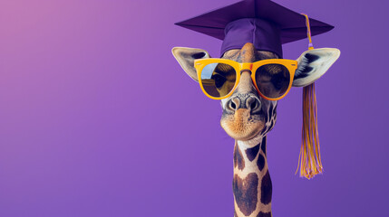 Trendsetting giraffe flaunts oversized sunglasses and tilted graduation cap against bold purple background. Ideal for education and graduation concepts