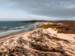 Aerial Drone view One Mile Beach during sunrise sunset with sand dunes. Forster, Great Lakes, Australia