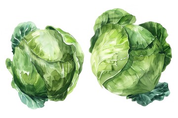 two fresh cabbage heads clipart, watercolor image, green vegetables, translucent background, Generative AI.