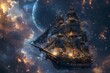 A large ship is floating in the sky above a colorful background. The ship is surrounded by a lot of stars and clouds, giving the scene a dreamy and otherworldly feel