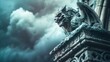 stone gargoyle with intricate details, set against a cloudy sky, is perfect for gothic-themed events or atmospheric settings in video games.