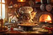 delightful gargoyle in chef attire, with pizza in hand, could be a quirky addition to a food blog or an advertisement for a fantasy-themed eatery.
