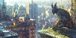 A gargoyle statue amidst rooftop greenery overlooks a blurred urban landscape, perfect for outdoor decor inspiration or urban fantasy settings.