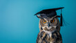 © FlashFocus98 - Wise owl in graduation cap exudes pride and scholarly charm against blue background. Education and graduation concepts