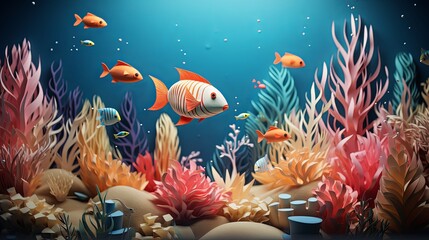 Wall Mural - Realistic paper-cut depiction of a school of fish in a coral reef, minimalist 3D style, blurred aquatic background,