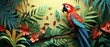 Realistic paper-cut illustration of a parrot in a lush rainforest, minimalist 3D style,