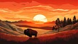Realistic paper-cut style of a prairie filled with bison at dawn, minimalist 3D-rendered landscape,