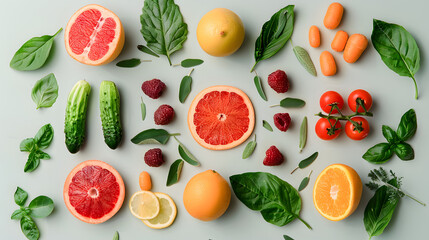 Wall Mural - Creative neatly arranged food layout with fruits, vegetables and leaves on bright background. Minimal healthy food concept. Flat lay.