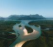 Aerial view of Mangroves in Hinchinbrook National Park. Mountains, rivers and Ramsay Bay Beach along the Thorsborne Trail on Hinchinbrook Island