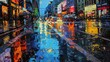 Oil painting, rainy city street, reflective pavement, evening, low angle, shimmering puddles.