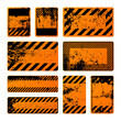 Orange grunge warning signs with diagonal lines. Old attention, danger or caution sign, construction site signage. Realistic notice signboard, warning banner, road shield. Vector illustration