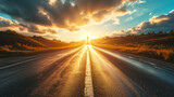 Fototapeta  - Silhouette of a person standing in the middle of an empty road at sunset. Dramatic sky and sun rays over rural landscape. Inspirational journey and life goals concept with copy space