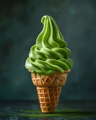 A matcha green tea soft serve ice cream cone on a dark background