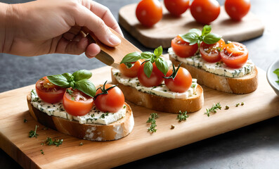 Wall Mural - Generate an image of a person holding a wooden board with four pieces of bruschetta. Each piece should be topped with creamy white cheese