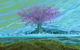Fototapeta Niebo - Big pink tree - digital painting
