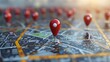 Business Location: A 3D vector illustration of a map with pins marking the locations