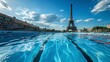 Olympic pool with the Eiffel Tower in the background during the day. Paris Olympic Games concept