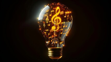 Wall Mural - Creativity and Design: A 3D vector illustration of a lightbulb with musical notes and instruments inside