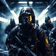 Black hazmat suited soldiers combating against a deadly biochemical , chemical war.