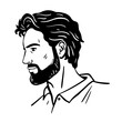 Drawn profile portrait of a young man with beard. Head with trendy modern hairstyle. Beautiful face. Vector isolated art illustration hand drawn. Black and white sketch