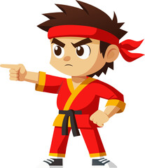 red karate kid pointing finger logo character vector illustration