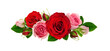 Red and pink rose flowers and green leaves in a line arrangement isolated on white or transparent background. Flat lay. Top view.