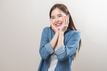 Sticker - Smile positive, feeling amazed asian young woman, girl in casual, portrait of pretty female with brunette hair, standing pose gesture expression face surprised isolated on white background, copy space