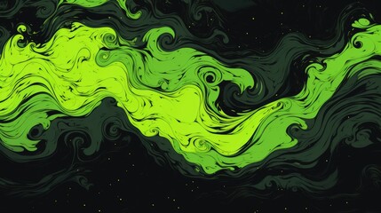 Wall Mural - Vibrant Neon Green Abstract Swirls on a Black Background