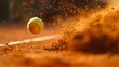 A close up of a tennis ball bouncing on a clay court.