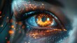 A close up of a woman's eye with bright orange iris and digital elements.