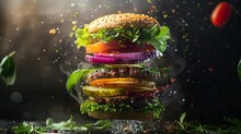 A Deconstructed Vegan Burger Radiates An Ethereal Glow, With Each Ingredient Suspended In Mid-air, Showcasing The Vibrant Colors And Fresh, Healthy Appeal.