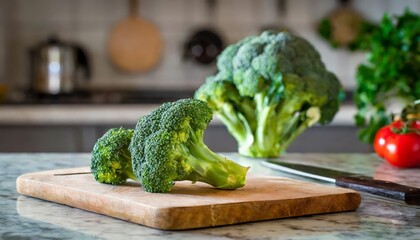 Wall Mural - A selection of fresh vegetable: broccoli, sitting on a chopping board against blurred kitchen background; copy space