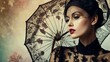 An alluring image of a woman in a vintage lace outfit holding a parasol, evoking a noir feel