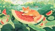 Shiba Inu's Summer Delight: Relaxing on a Watermelon Slice by a Cool Lake