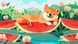 Shiba Inu's Summer Play: Illustrated on a Watermelon Slice Floating in a Cool Lake