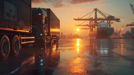 Wall Mural - Container truck in ship port for business Logistics and transportation of Container Cargo ship and Cargo plane with working crane bridge in shipyard at sunrise, logistic import export and transport