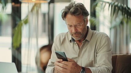 Canvas Print - Man Concentrating on Smartphone