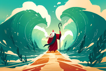 Wall Mural - Moses separate the sea in exodus. Israelites crossing the red sea. Biblical and religion illustration. Happy Passover, Pesah