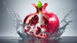 Juicy red pomegranate seeds bursting with a refreshing water splash on a neutral reflective backdrop
