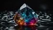 A striking crystal with a fusion of blue, pink, and orange tones, set against a black background with water droplets