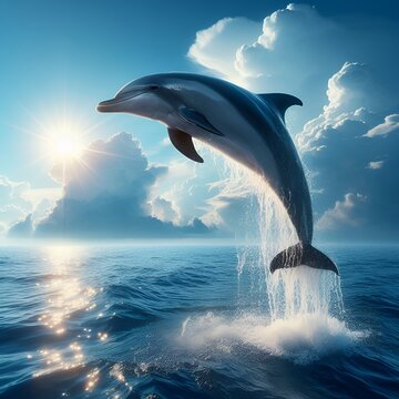 Dolphin in the ocean. Dolphin jumping out of ocean water with splash. Summer holidays, vacation travel concept
