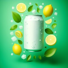 A mockup of a soda can floating in the air, surrounded by lemon slices and mint leaves. Explosion of water and bubbles in a dynamic splash on a green background. Energy drink mockup on fruit backgroun