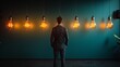 3D illustration of a businessman looking at light bulbs. A business minimalist idea.