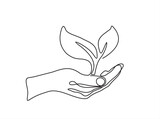 Fototapeta Natura - Environment conservation icon in continuous line art drawing style. Plant in human hand as a symbol of nature protection and eco friendly consumption black linear design isolated on white background