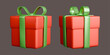 Red gift boxes with green ribbons, realistic 3d boxes with bows. Surprise Christmas gifts isolated on dark background. Vector illustration.