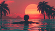 silhouette of a person in swimming pool with palm trees and red sun 