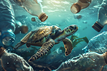 Wall Mural - sea turtle with plastic pollution  