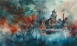 Capture the eerie ambiance of a haunted mansion engulfed in mist, blending horror thrills with architectural wonders in a watercolor medium