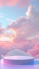 Wall Mural - abstract background with a podium for product presentation, sky and clouds on the horizon, 3d render